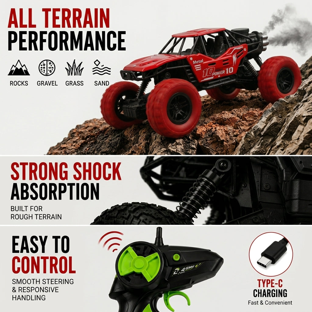 RC Monster Truck with Metal Body,  1:18 Scale model size , Shock Suspension & Big Tires for Kids 6+RC Rock Crawler Car 1:18 Remote Control Off Road Monster Truck with Metal Body, Shock Suspension, Mist Smoke & Big Tires