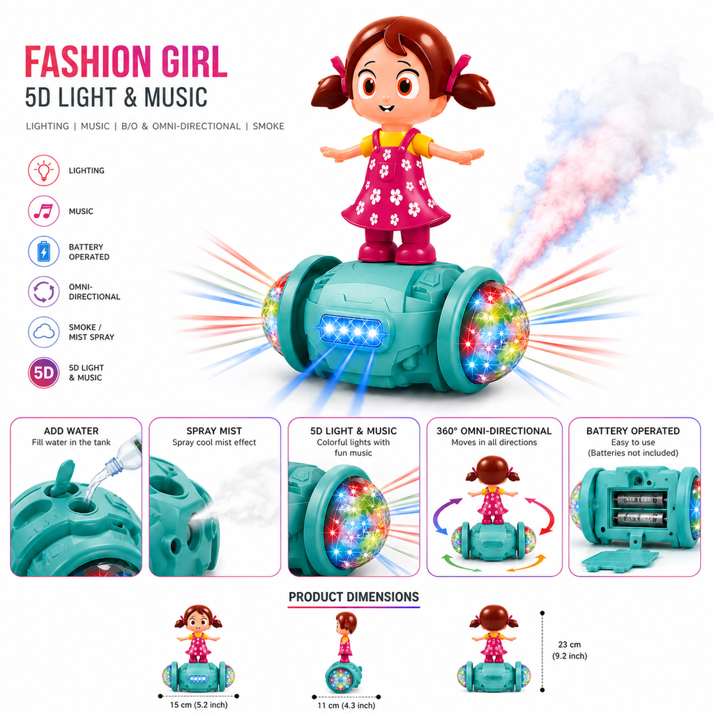 360 Degree Rotating Musical Dancing Girl 5D Light & Sound Toy with Bump & Go Action Toy for Kids.
