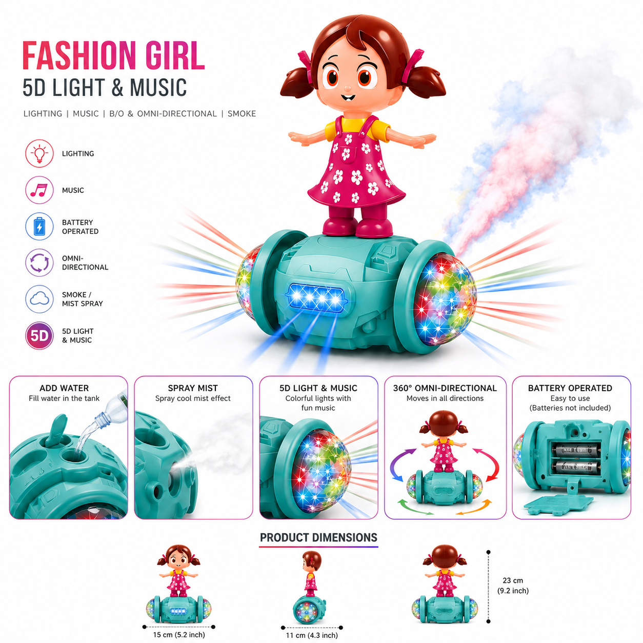 360 Degree Rotating Musical Dancing Girl 5D Light & Sound Toy with Bump & Go Action Toy for Kids.