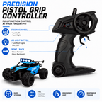 High-Speed Rechargeable RC Off-Road Racing Car with LED Lights, USB Charging, Remote Control, Big Rubber Tires & Suspension – 1:16 Scale Toy for Boys & Girls (Blue)