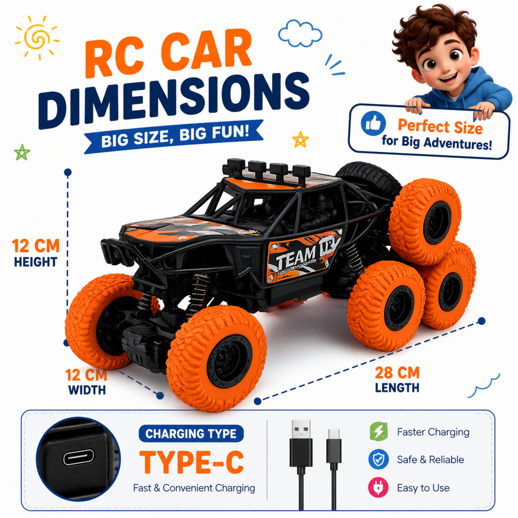 6 Wheel RC Rock Climbing Car with Real Mist Spray, Type-C Fast Charging & LED Lights | 2.4GHz Remote Control Off-Road Crawler for Kids