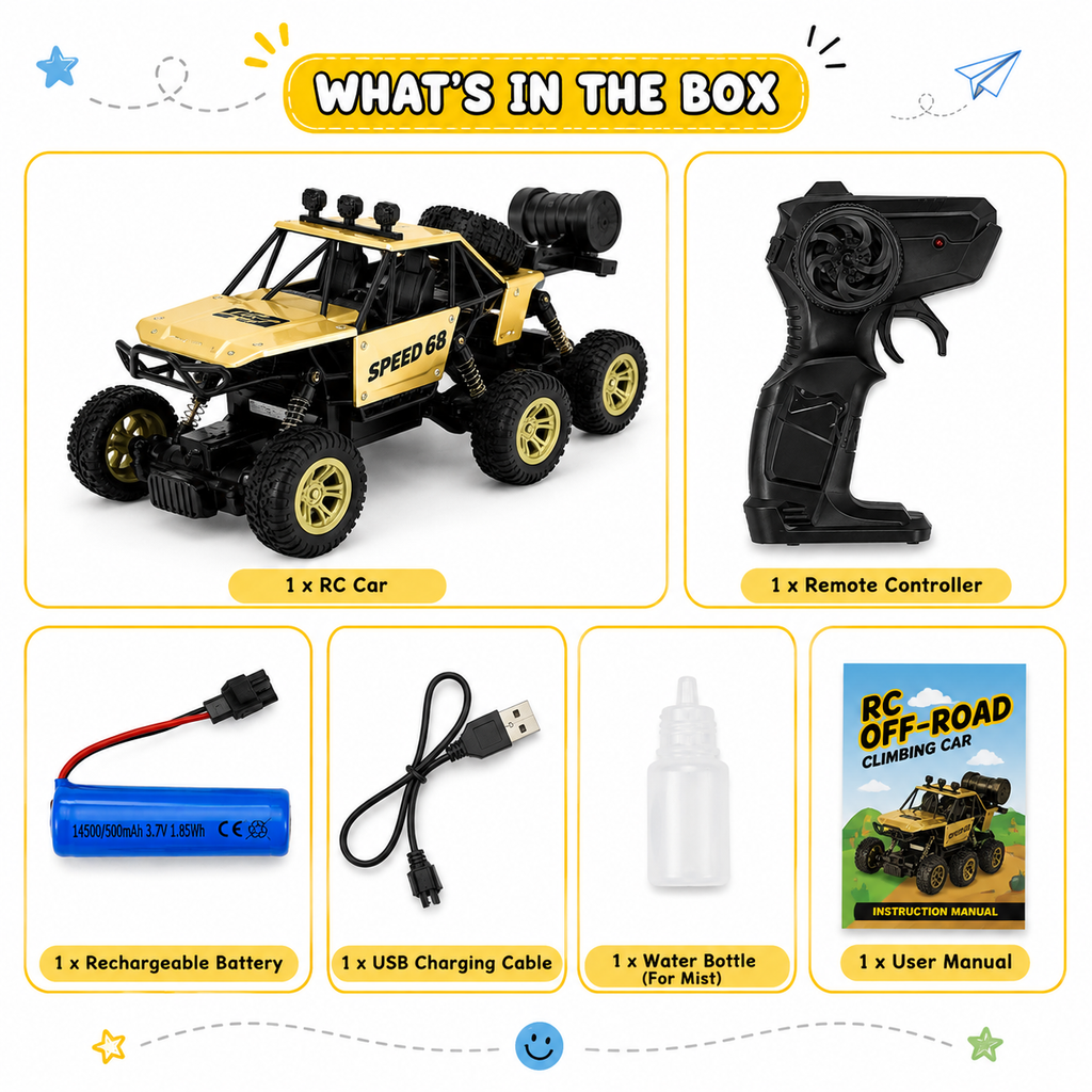 6WD RC Off-Road Rock Crawler with Mist Spray, Remote Control, Rechargeable Battery & USB Charging – Rugged All-Terrain Toy Car for Kids