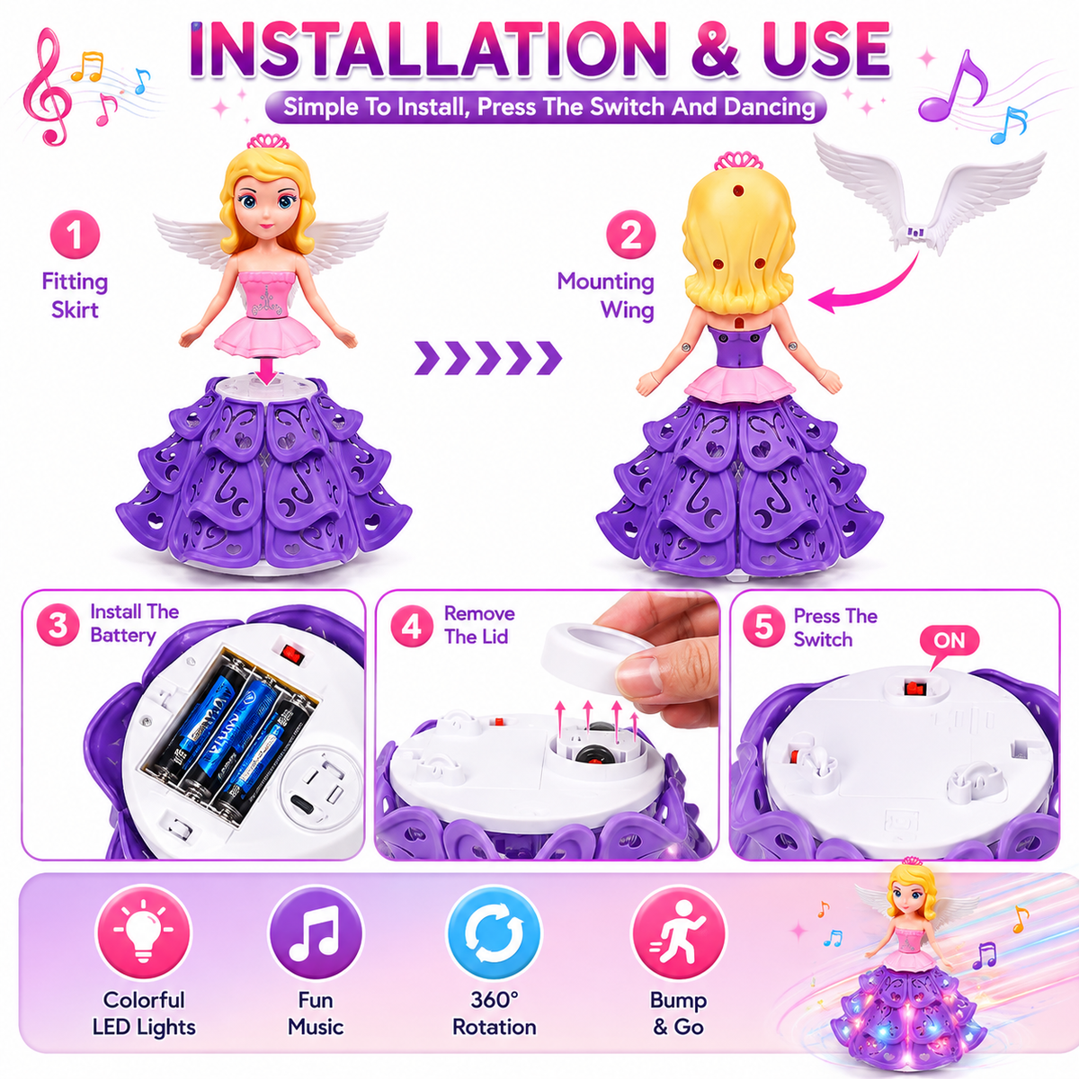 Dancing Angel Princess Doll with LED Lights, Music, 360° Rotation & Bump-and-Go Movement