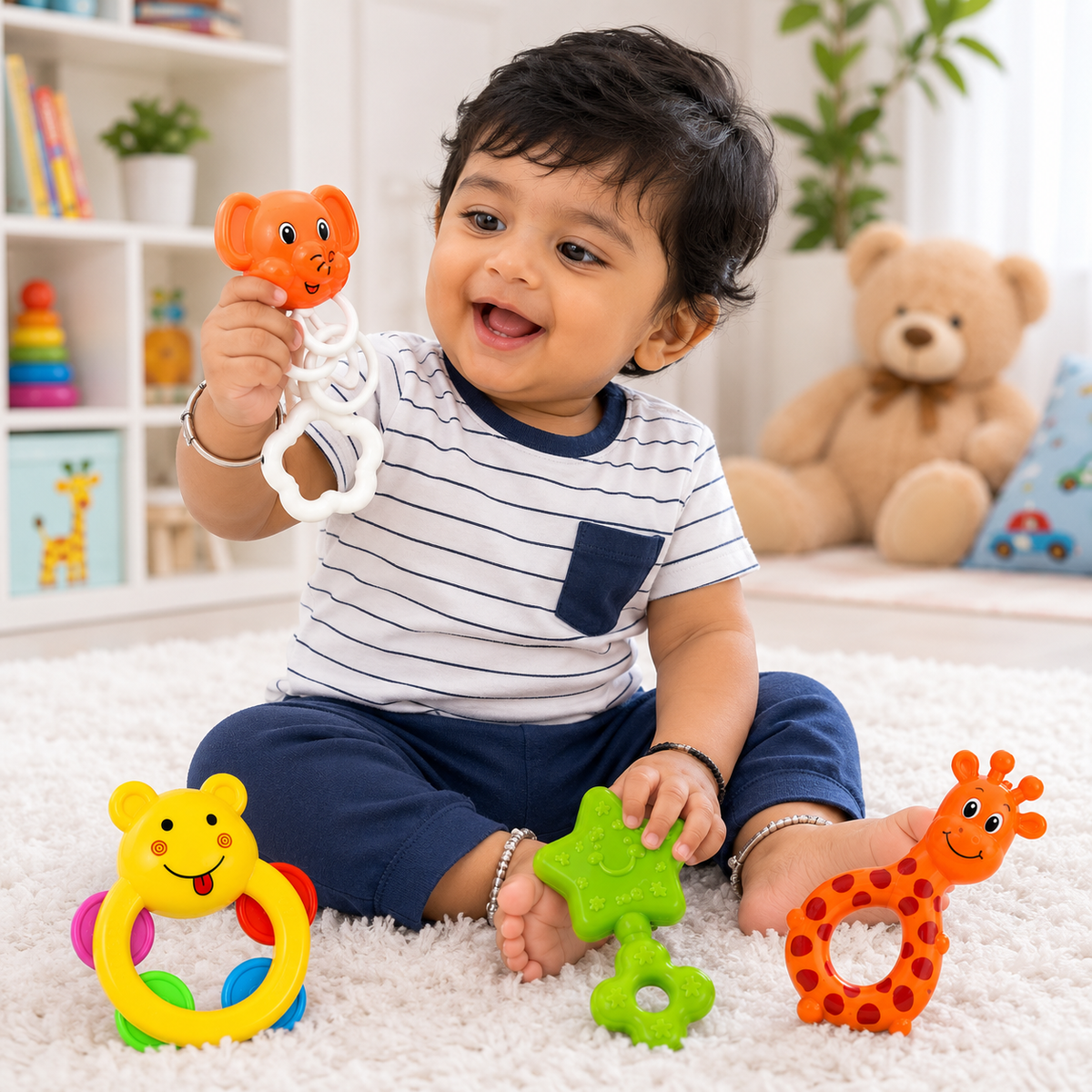 Baby Rattle Set ( 4-Piece ) – Colorful Bear, Elephant, Giraffe & Star Shaker Toys for Infants, Easy-Grip Sensory & Activity Toys