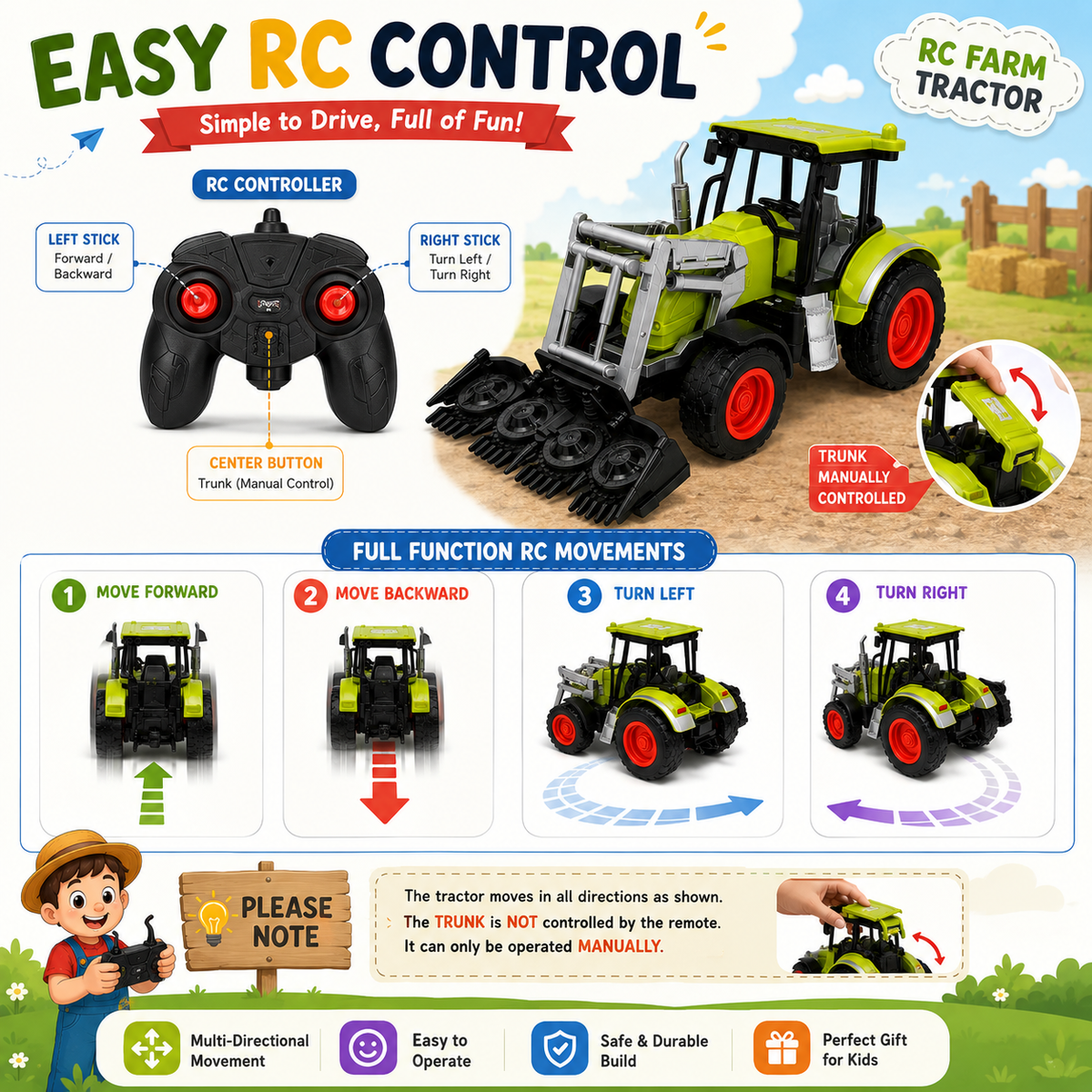 RC Farm Tractor Toy with Remote Control, 4-Way Movement & Manual Front Attachment, Rechargeable 4×AAA Battery Included, Kids Toy