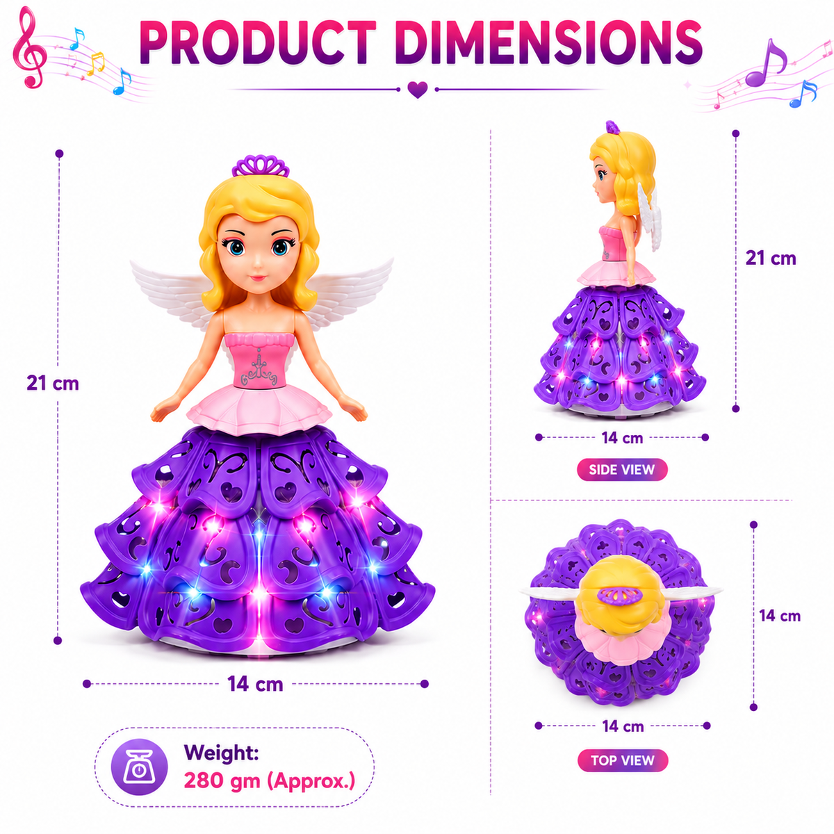 Dancing Angel Princess Doll with LED Lights, Music, 360° Rotation & Bump-and-Go Movement