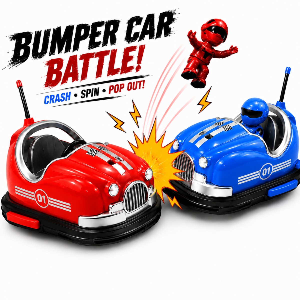 Kids 2 Player RC Bumper Car Battle Game with Driver Pop-Out Action, 2.4GHz Remote Control, Rechargeable Toy Cars for Boys & Girls