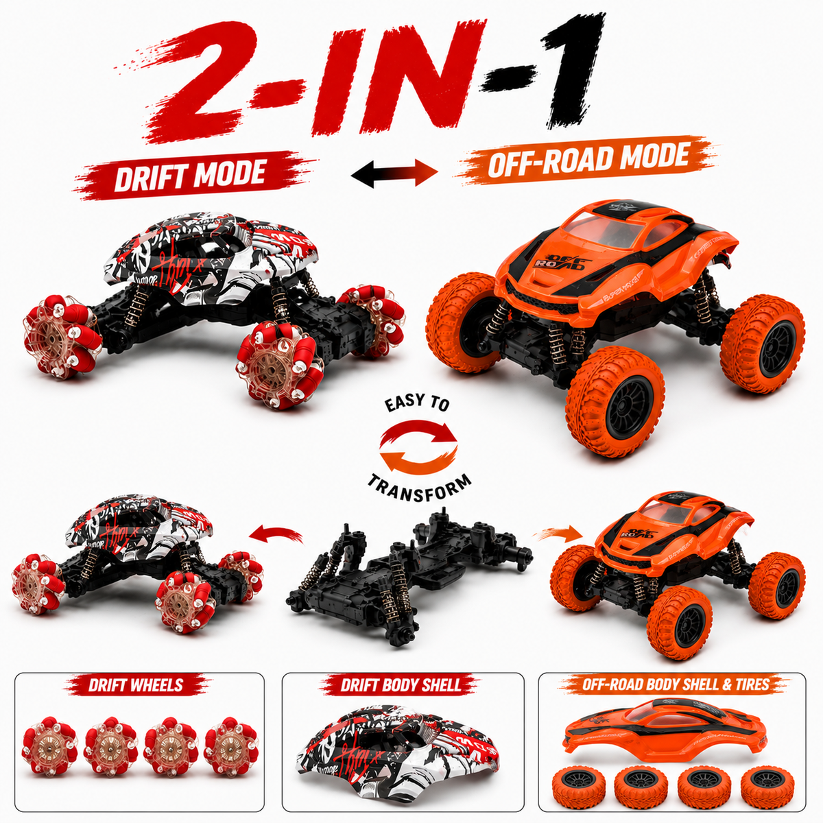 2-in-1 Transform RC Drift & Off-Road Car Toy with Changeable Wheels & Body, 2.4GHz Remote Control, Rechargeable LED Stunt Car for Kids Boys & Girls