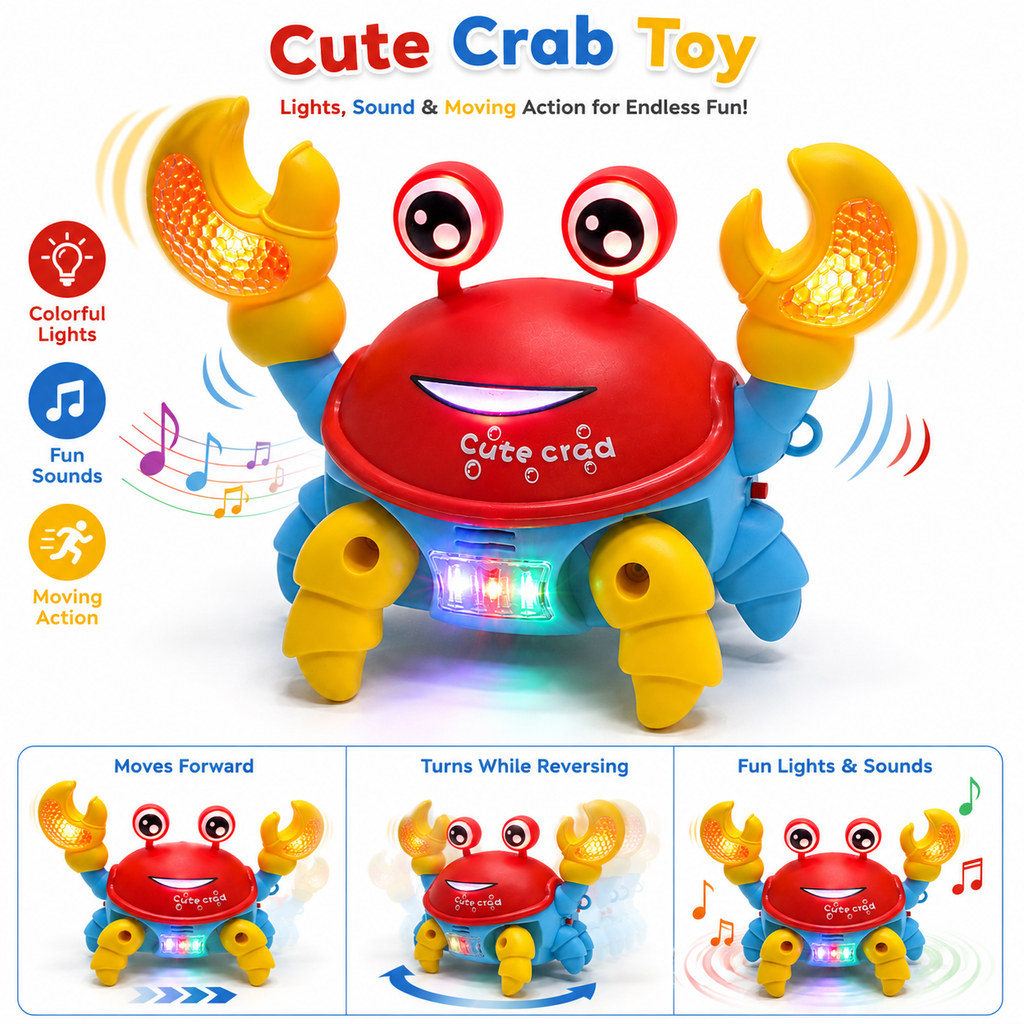 Dancing Crab Toy for Kids with Colorful LED Lights, Music & Sound, Moving Action & Blinking Claws, Fun Interactive Musical Toy for Boys & Girls
