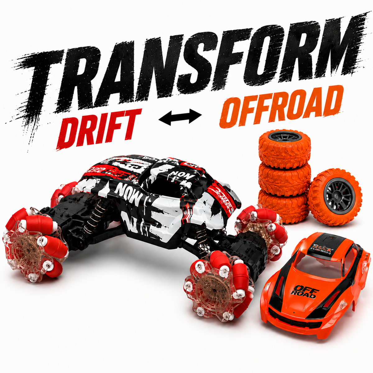 2-in-1 Transform RC Drift & Off-Road Car Toy with Changeable Wheels & Body, 2.4GHz Remote Control, Rechargeable LED Stunt Car for Kids Boys & Girls