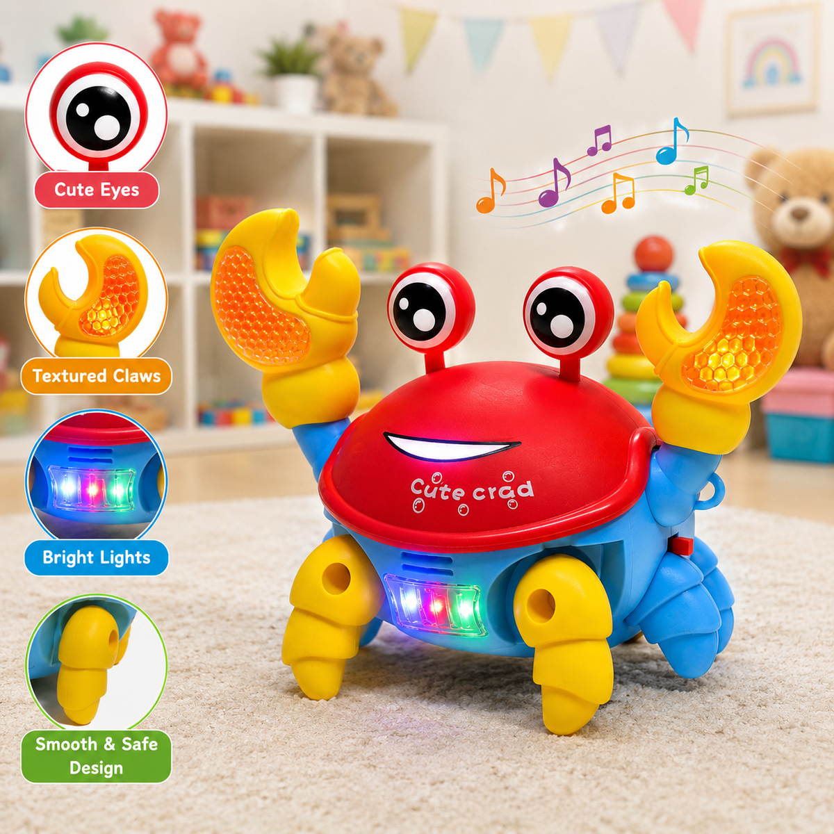Dancing Crab Toy for Kids with Colorful LED Lights, Music & Sound, Moving Action & Blinking Claws, Fun Interactive Musical Toy for Boys & Girls
