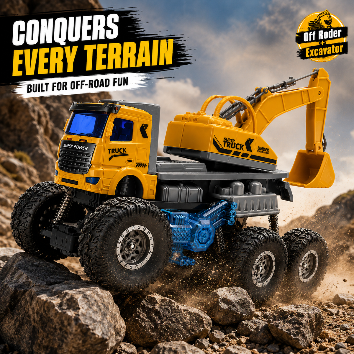 Remote Control 6-Wheel Off-Road Excavator Truck Toy for Kids, 2.4GHz RC Construction Vehicle with Working Excavator Arm, All-Terrain Big Tire Climbing Truck, Type-C Rechargeable