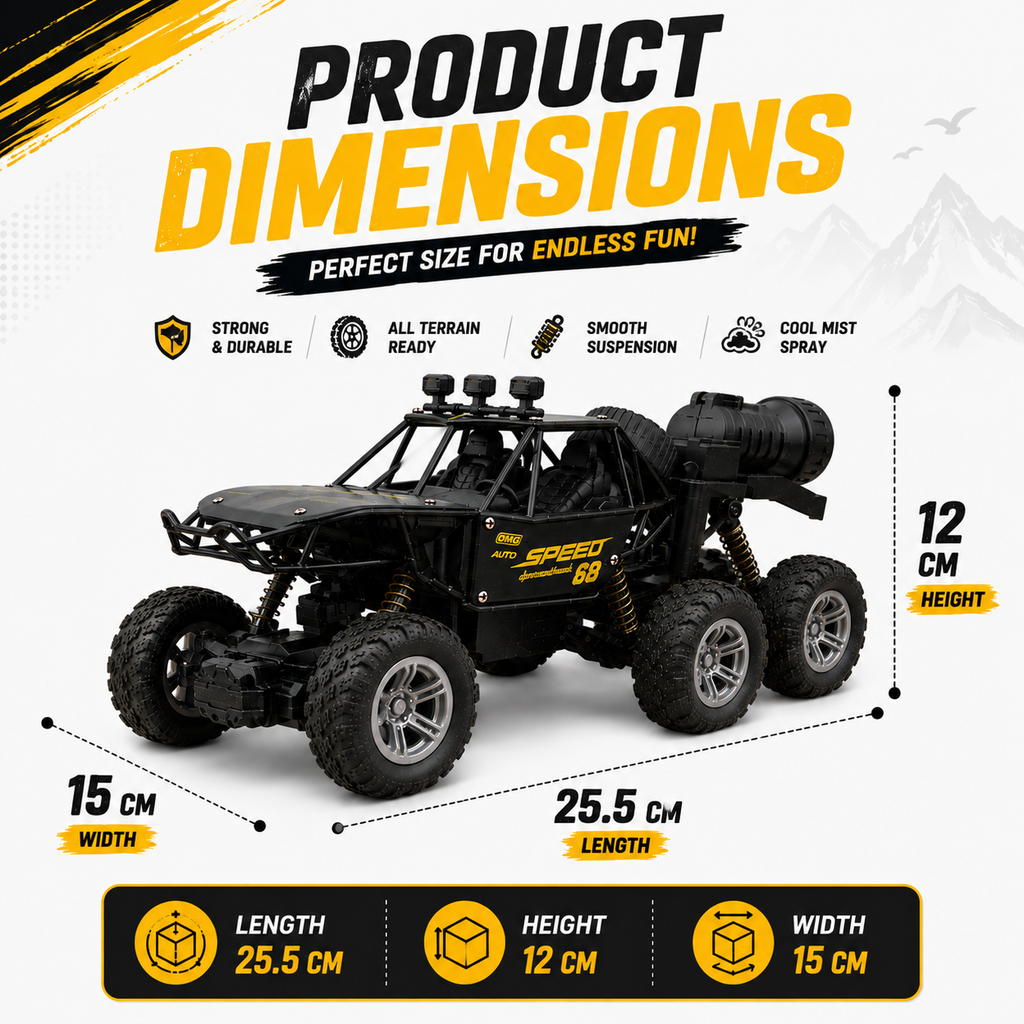 6WD RC Off-Road Rock Crawler with Mist Spray, Remote Control, Rechargeable Battery & USB Charging – Rugged All-Terrain Toy Car for Kids