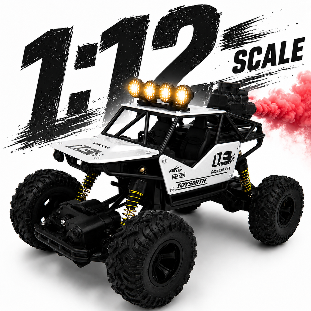 1:12 Scale RC Rock Crawler 4x4 Off-Road Car with Shock Absorbers, LED Lights & Smoke Effect, Type-C Rechargeable
