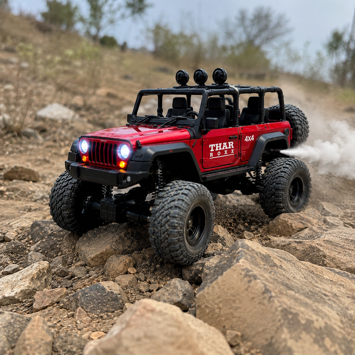 1:12 Scale Thar Roxx Monster RC Car with Metallic Body, 4-Wheel Shock Absorbers, LED Lights, Water Mist Spray & Type-C Charging – Remote Controlled Off-Road Crawler