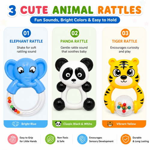 3-Piece Baby Animal Rattle Set – Tiger, Panda & Elephant Shaker Toys with Colorful Beads, Easy-Grip Infant Toys for Babies 3+ Months