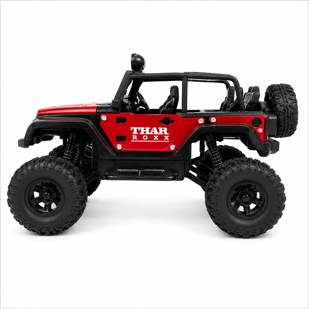 1:12 Scale Thar Roxx Monster RC Car with Metallic Body, 4-Wheel Shock Absorbers, LED Lights, Water Mist Spray & Type-C Charging – Remote Controlled Off-Road Crawler