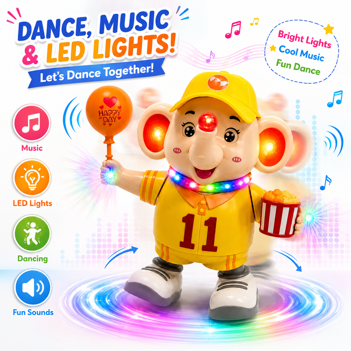 Dancing Elephant Toy with Music & Colorful LED Lights | Battery Operated Walking Duck for Kids & Toddlers