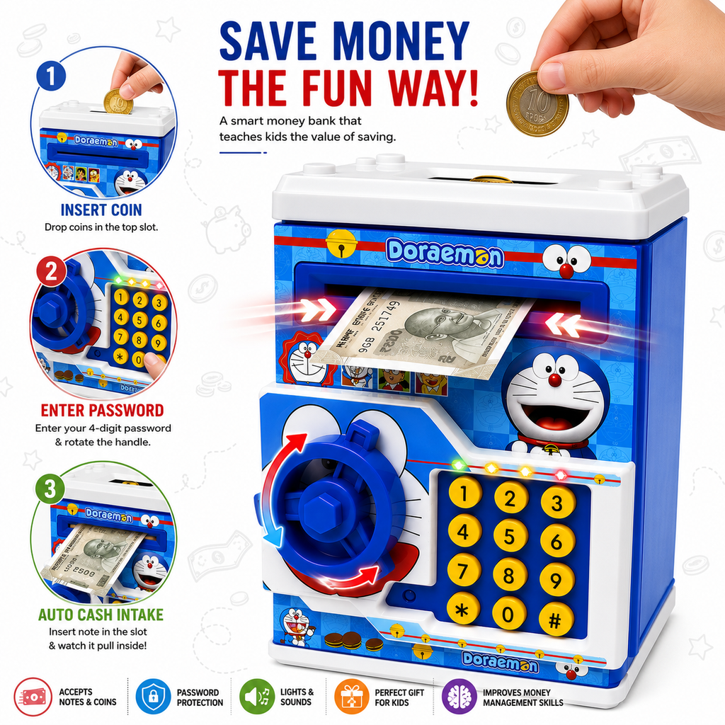 Doraemon Kids ATM Money Bank with Password Lock | Auto Cash Deposit, Coin Saving, Electronic Piggy Bank with Sound & Lights for Boys & Girls