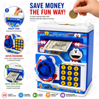 Doraemon Kids ATM Money Bank with Password Lock | Auto Cash Deposit, Coin Saving, Electronic Piggy Bank with Sound & Lights for Boys & Girls