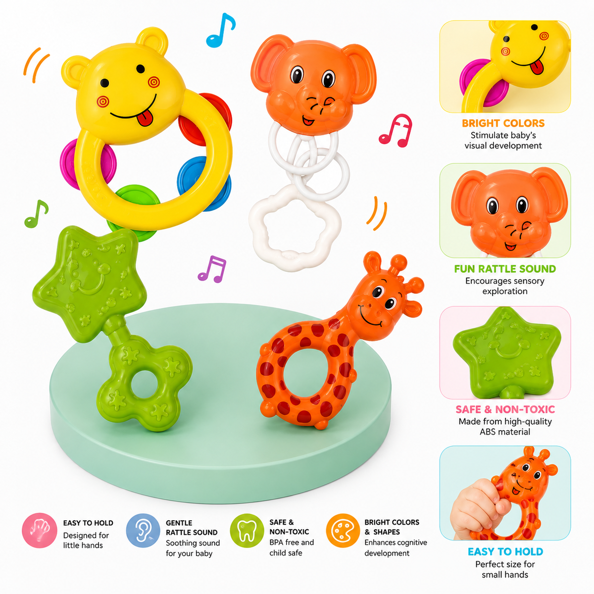Baby Rattle Set ( 4-Piece ) – Colorful Bear, Elephant, Giraffe & Star Shaker Toys for Infants, Easy-Grip Sensory & Activity Toys