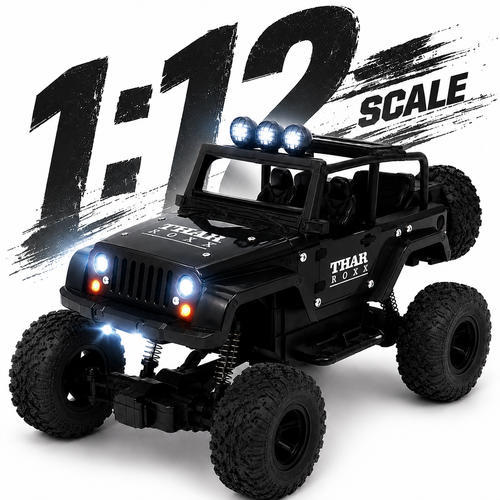 1:12 Scale Thar Roxx Monster RC Car with Metallic Body, 4-Wheel Shock Absorbers, LED Lights, Water Mist Spray & Type-C Charging – Remote Controlled Off-Road Crawler