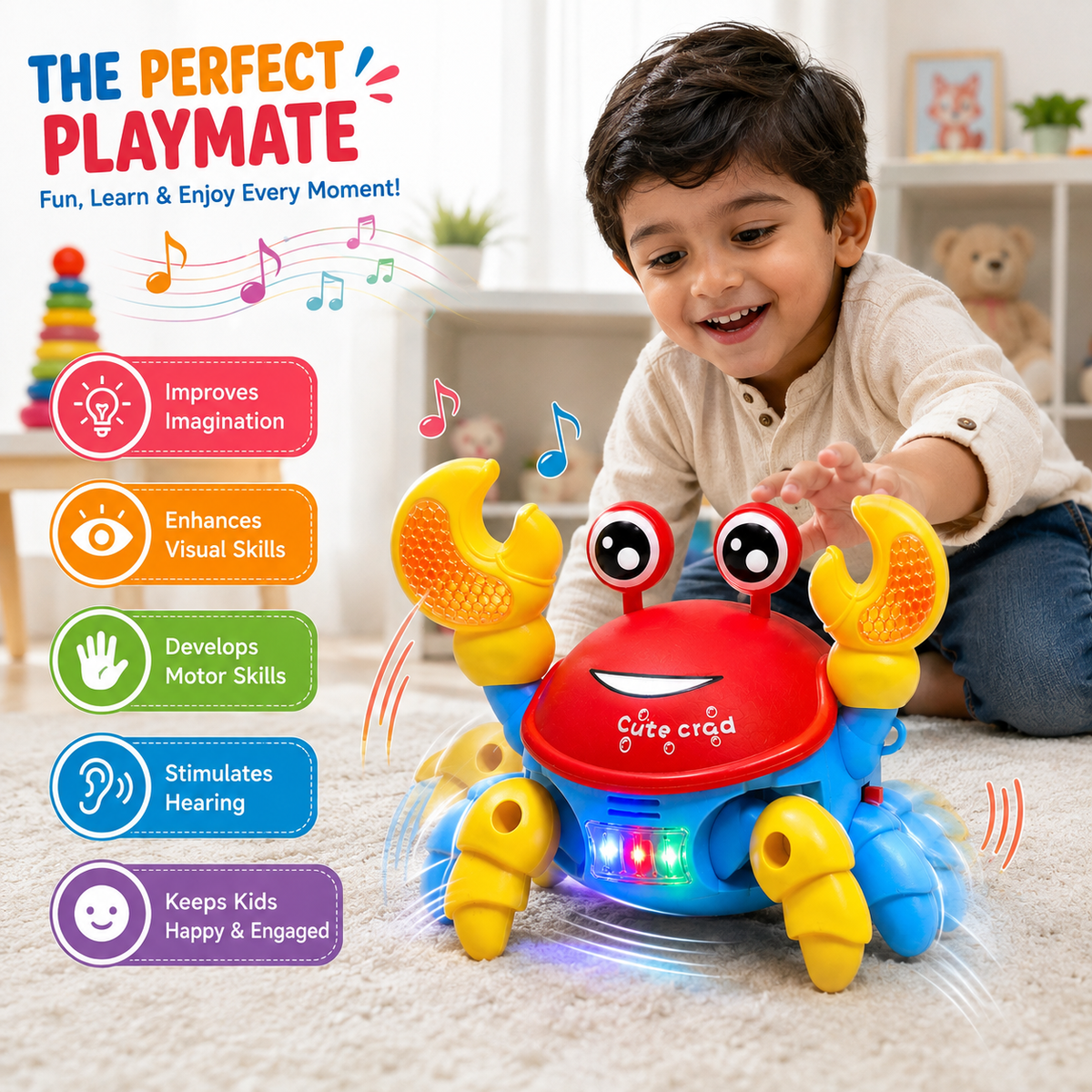 Dancing Crab Toy for Kids with Colorful LED Lights, Music & Sound, Moving Action & Blinking Claws, Fun Interactive Musical Toy for Boys & Girls