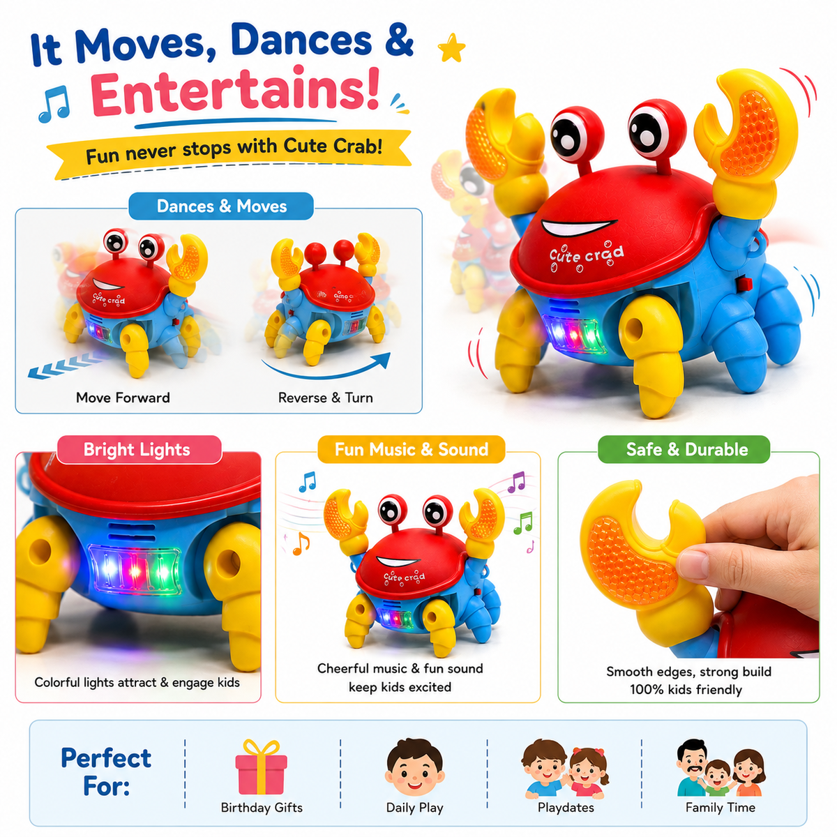 Dancing Crab Toy for Kids with Colorful LED Lights, Music & Sound, Moving Action & Blinking Claws, Fun Interactive Musical Toy for Boys & Girls