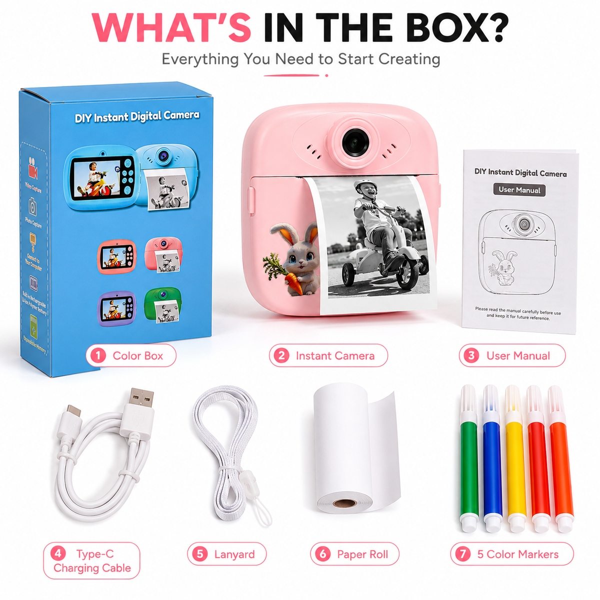 Kids Instant Print Camera, DIY Thermal Printing Digital Camera with 2.4" Screen, USB Rechargeable, Photo & Video Camera, Coloring Markers & Print Paper Included, Birthday Gift for Boys & Girls 3-12 Years