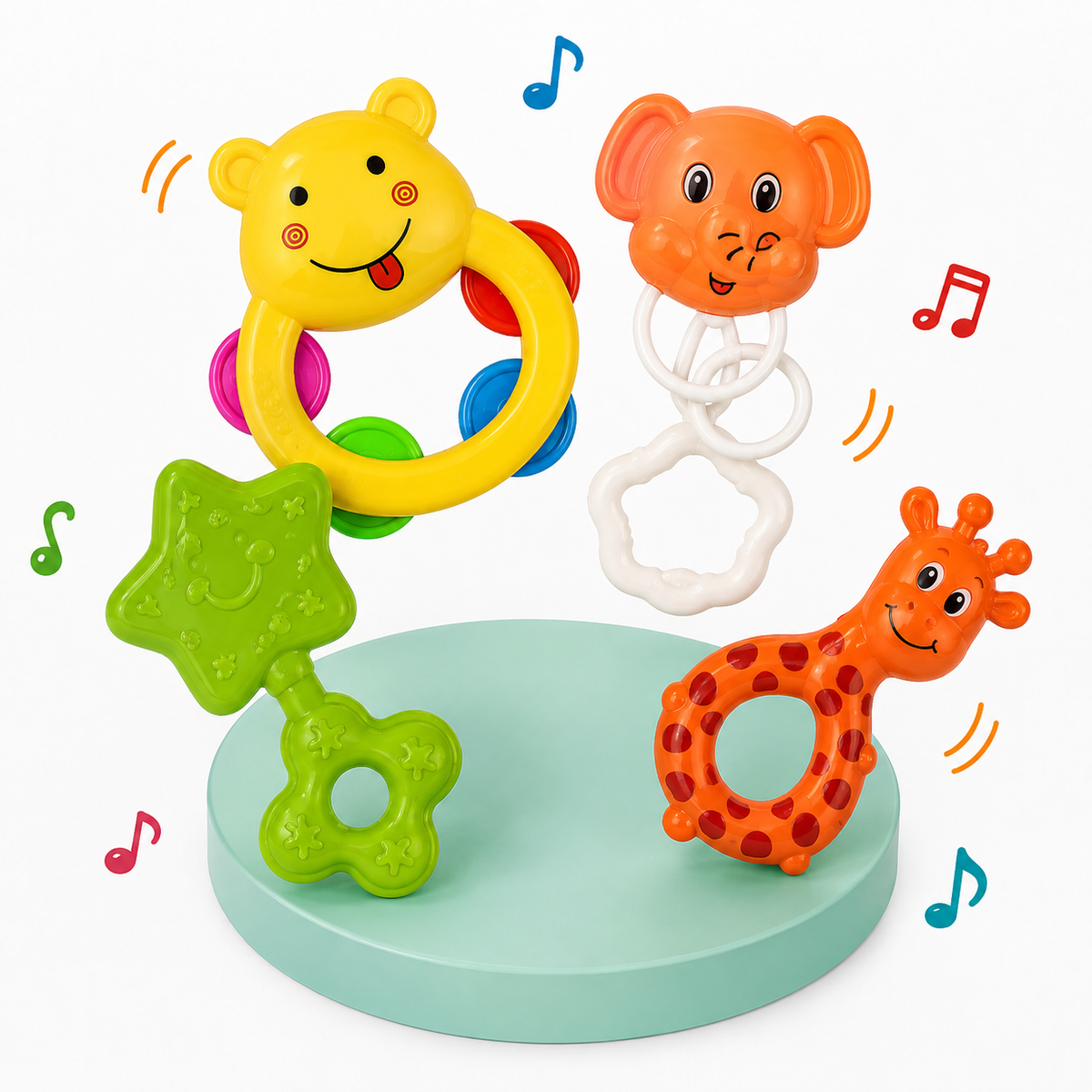 Baby Rattle Set ( 4-Piece ) – Colorful Bear, Elephant, Giraffe & Star Shaker Toys for Infants, Easy-Grip Sensory & Activity Toys