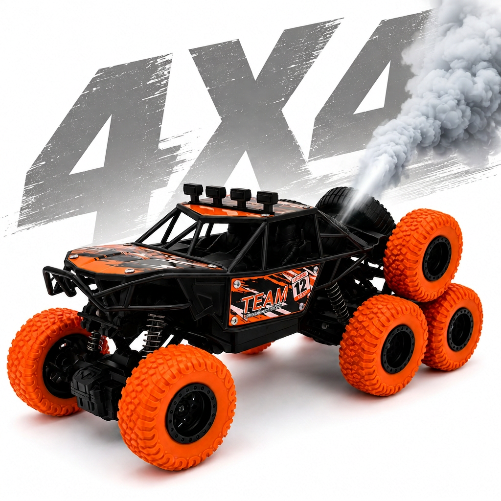 6 Wheel RC Rock Climbing Car with Real Mist Spray, Type-C Fast Charging & LED Lights | 2.4GHz Remote Control Off-Road Crawler for Kids